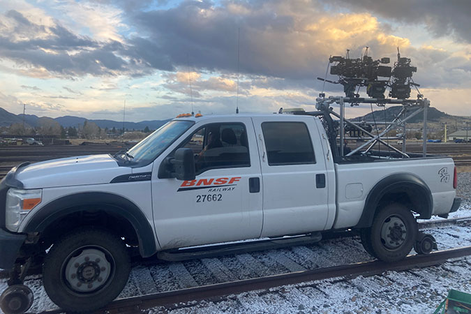 “1923” crew mounted cameras on Pierson’s hi-rail vehicle to be used for filming  “1923” crew mounted cameras on Pierson’s hi-rail vehicle to be used for filming