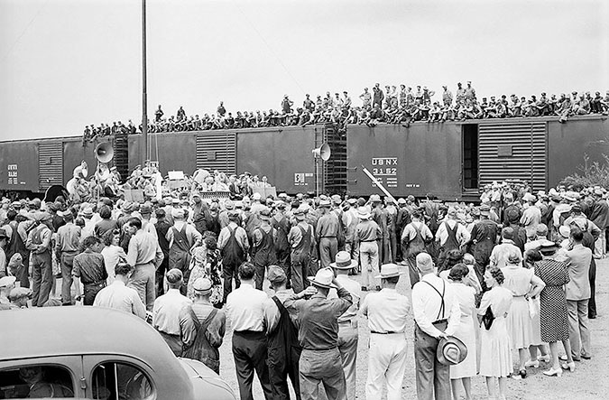 The Lincoln, Nebraska-area Burlington Band performed on a platform at the Havelock shops for a 1943 flag presentation ceremony.  The Lincoln, Nebraska-area Burlington Band performed on a platform at the Havelock shops for a 1943 flag presentation ceremony.