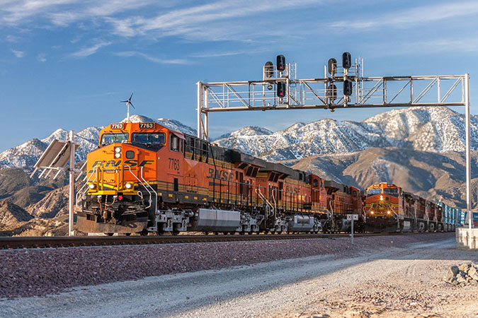 Two intermodal trains near Cajon Pass in California  Two intermodal trains near Cajon Pass in California