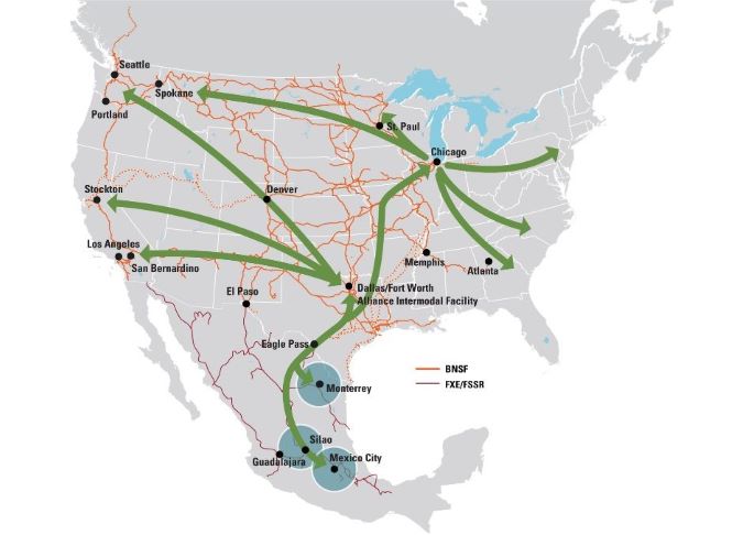 Map shows Alliance Intermodal Facility’s strategic position on BNSF’s intermodal network, including connections to Mexico markets. Map shows Alliance Intermodal Facility’s strategic position on BNSF’s intermodal network, including connections to Mexico markets.