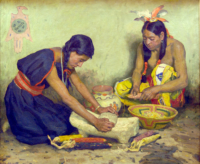 Grinding Corn by E.I. Couse, notable for its inclusion of the Santa Fe logo Grinding Corn by E.I. Couse, notable for its inclusion of the Santa Fe logo