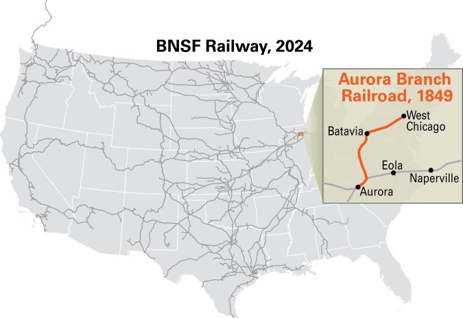 The current BNSF network compared to the original Aurora Branch  The current BNSF network compared to the original Aurora Branch