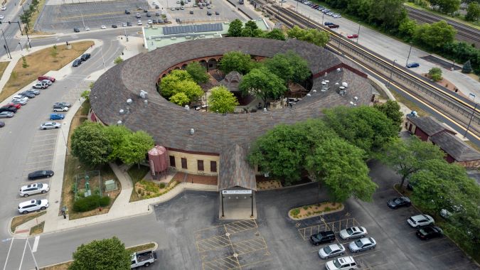 An aerial view of the roundhouse and the Two Brothers restaurant today  An aerial view of the roundhouse and the Two Brothers restaurant today