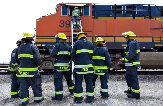 Emergency response training includes mock drills using actual rail equipment. Emergency response training includes mock drills using actual rail equipment.