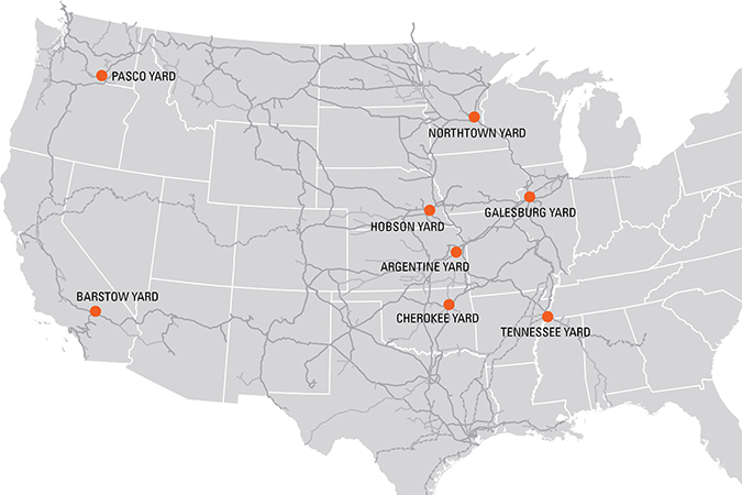 BNSF has eight hump yards on its 32,500-mail rail network. BNSF has eight hump yards on its 32,500-mail rail network.
