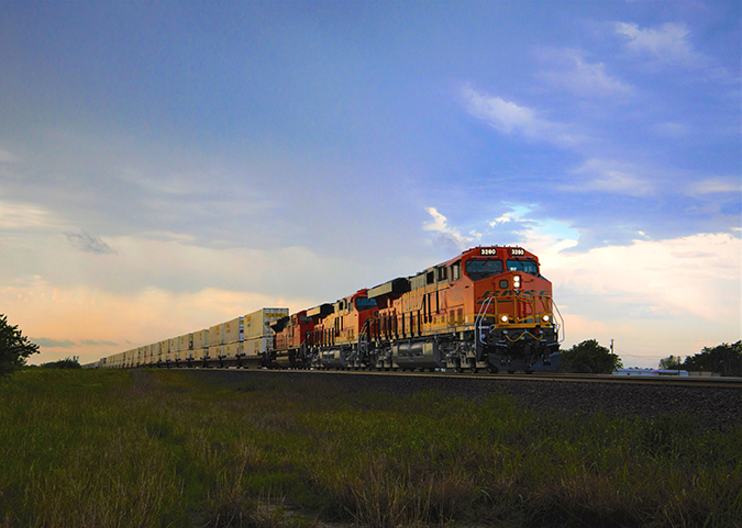 A BNSF Intermodal train operates near BNSF's Alliance Intermodal Facility in north Texas  A BNSF Intermodal train operates near BNSF's Alliance Intermodal Facility in north Texas