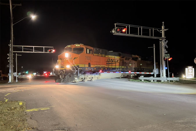 The first intermodal train, a high-priority Z train, crosses the new track on the Emporia Sub on Nov. 18.  The first intermodal train, a high-priority Z train, crosses the new track on the Emporia Sub on Nov. 18.