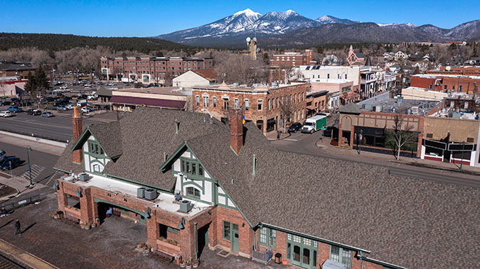 The Santa Fe Depot, foreground, at Flagstaff was built in 1925.  The Santa Fe Depot, foreground, at Flagstaff was built in 1925.