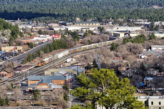 A BNSF train winds through Flagstaff.  A BNSF train winds through Flagstaff.