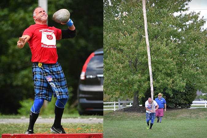Left, Tedd launches a stone putt. Right, he participates in the caber toss, where competitors toss a 20-foot-long caber (a large log) as far as possible.  Left, Tedd launches a stone putt. Right, he participates in the caber toss, where competitors toss a 20-foot-long caber (a large log) as far as possible.