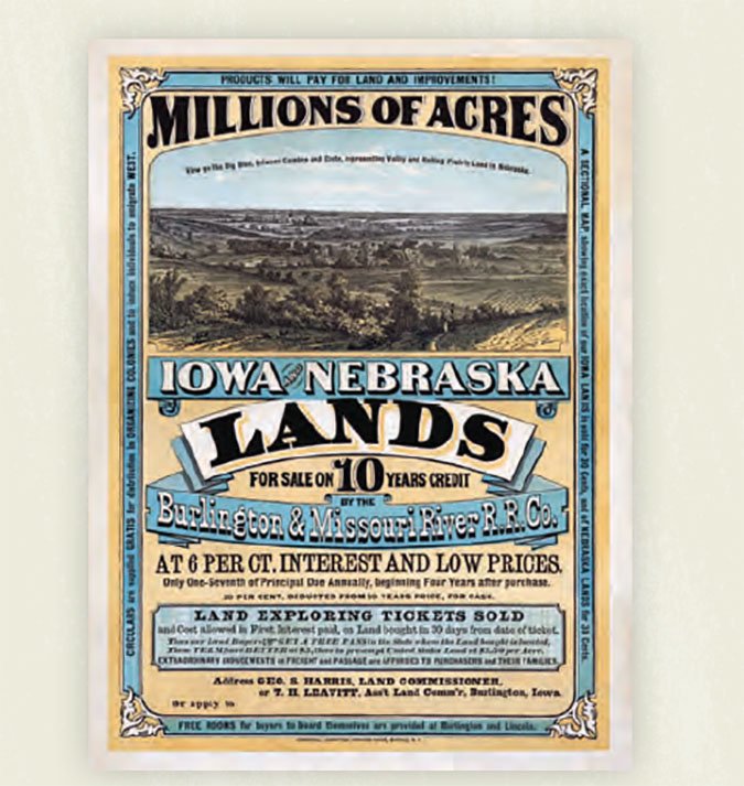 The CB&Q and its subsidiaries offered lucrative deals on land and ticket sales to attract settlers. The CB&Q and its subsidiaries offered lucrative deals on land and ticket sales to attract settlers.