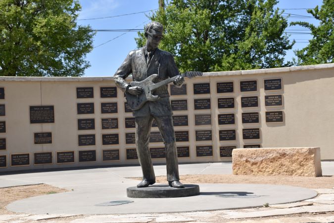The West Texas Walk of Fame, featuring the Buddy Holly statue.  The West Texas Walk of Fame, featuring the Buddy Holly statue.