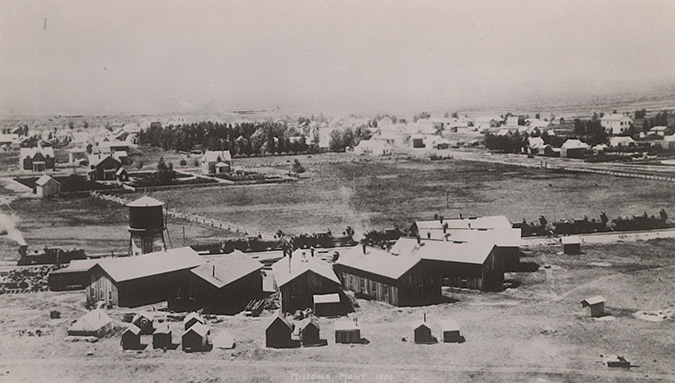 NP’s tracks to Missoula were completed in 1883. Pictured is a wood-burning locomotive in front of the engine houses, which gave way to the roundhouse.