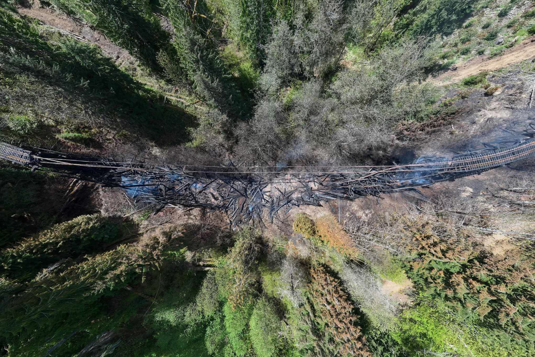 An aerial view of the burning bridge.  An aerial view of the burning bridge.