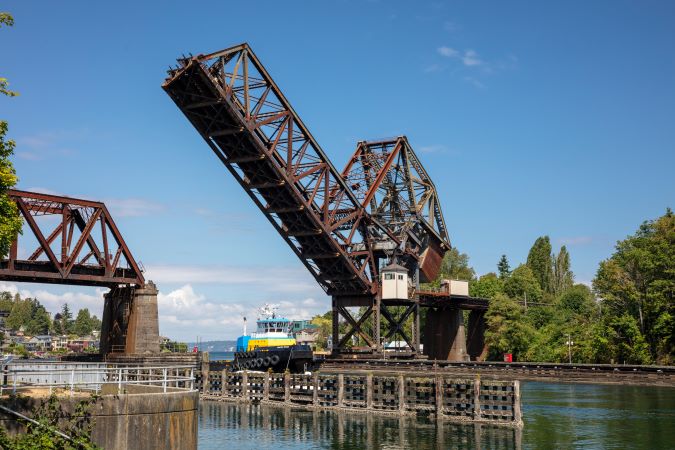 Salmon Bay bridge lifted to let a vessel pass.  Salmon Bay bridge lifted to let a vessel pass.