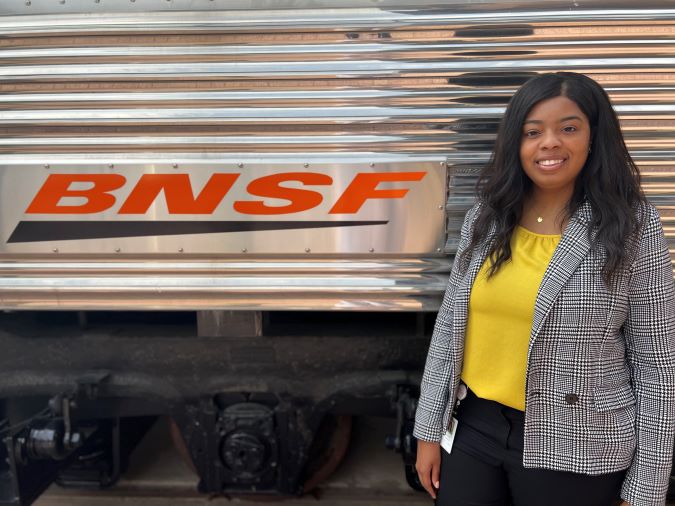 Jasmine Richard in front of a refurbished business car at BNSF’s headquarters in Fort Worth. Jasmine Richard in front of a refurbished business car at BNSF’s headquarters in Fort Worth.