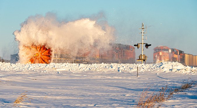 A rotary snow plow passes an empty coal train while clearing tracks on the Ravenna Subdivision. A rotary snow plow passes an empty coal train while clearing tracks on the Ravenna Subdivision.